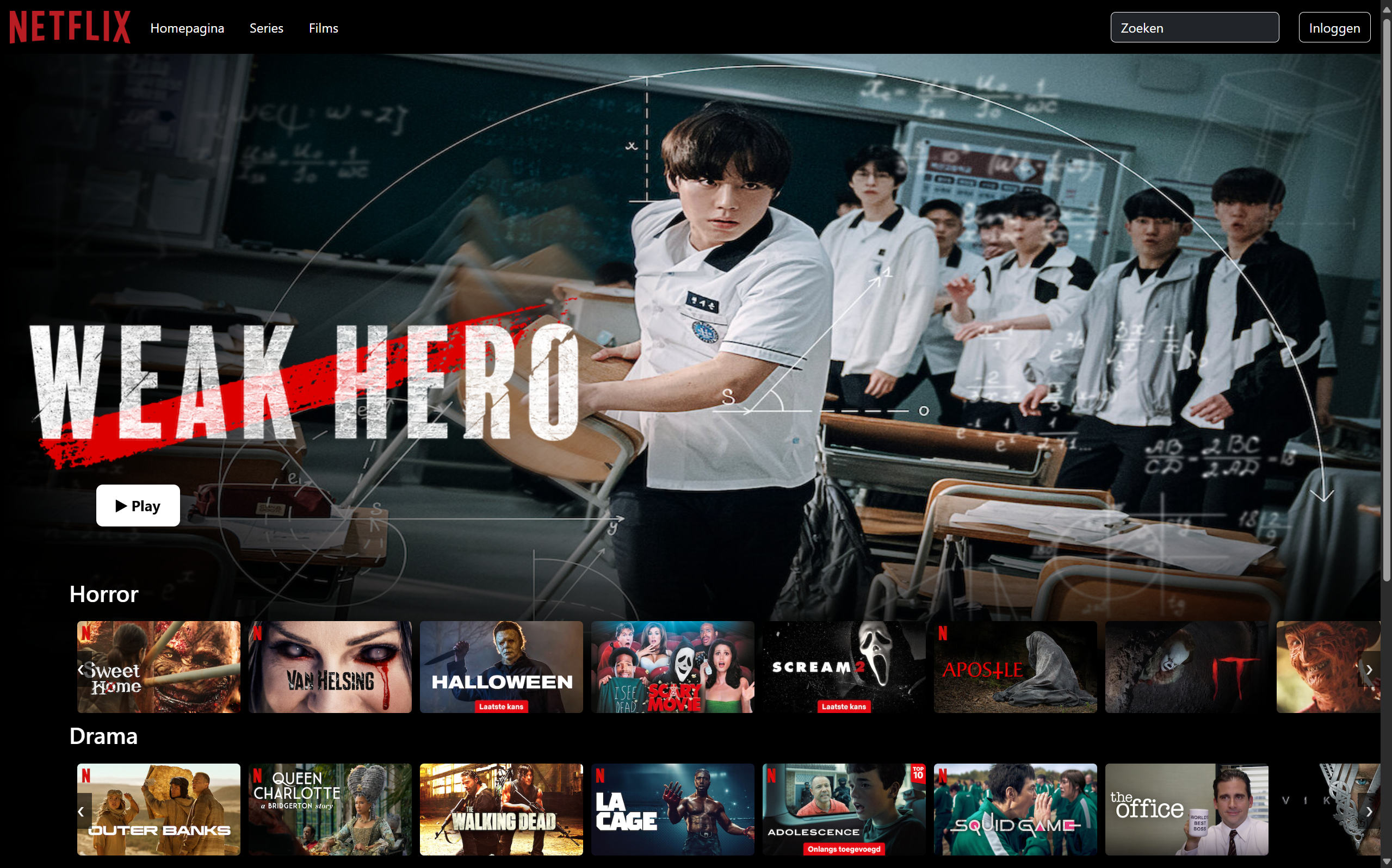 Screenshot van een nabouwproject van de Netflix-website